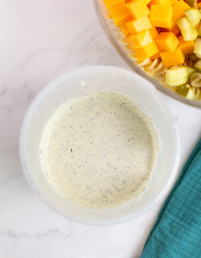 ranch dressing in a bowl on a white counter