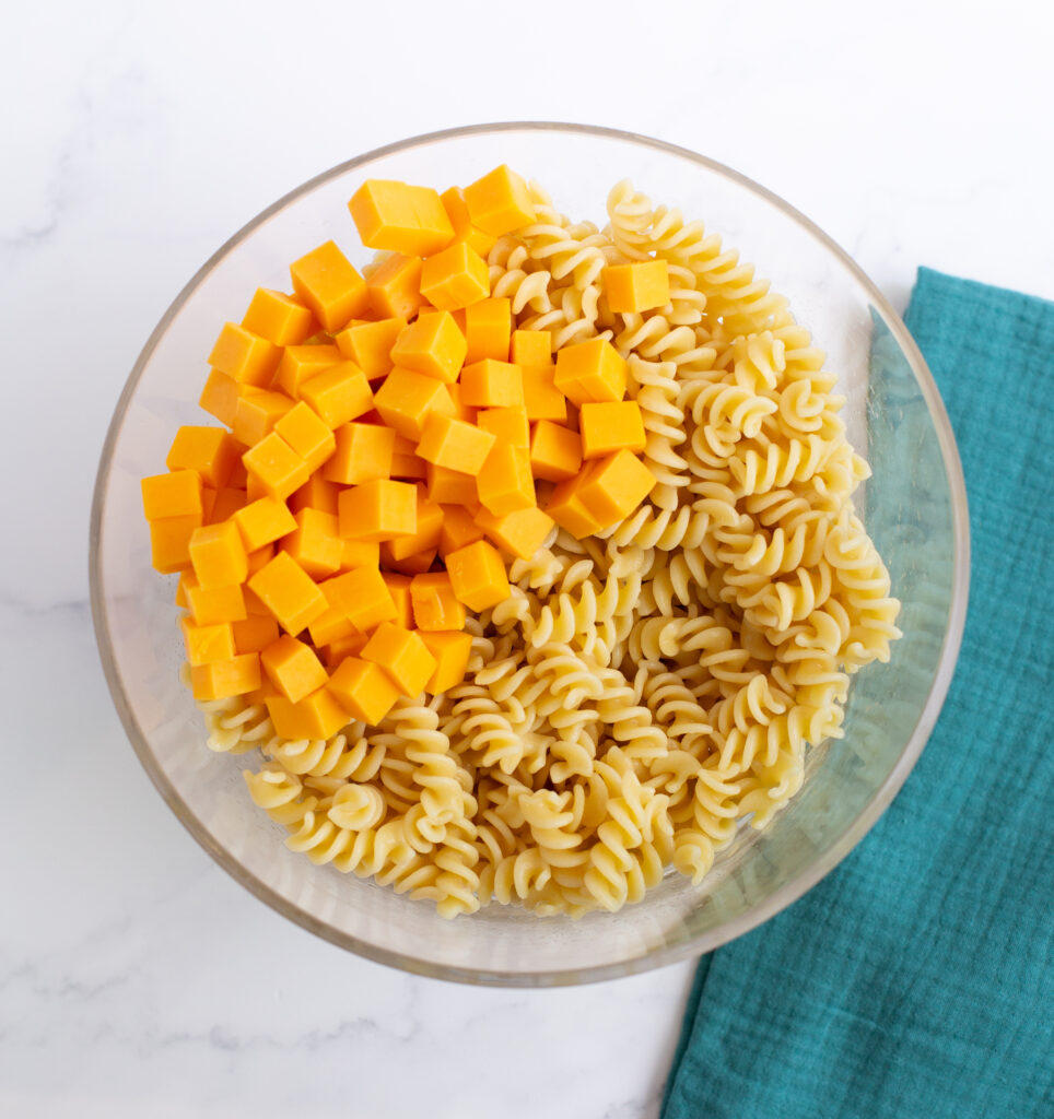 cooked pasta and cubed cheese in a bowl on a white counter