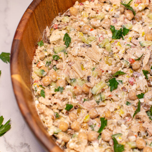 tuna salad in a wooden bowl