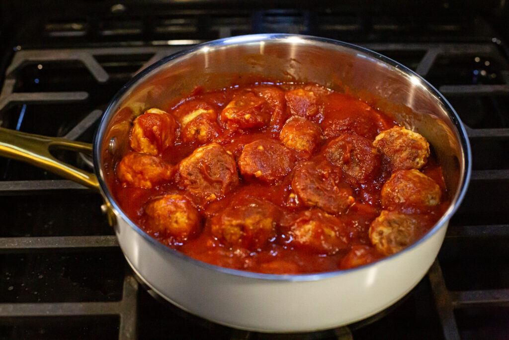 meatballs in marinara sauce in a pan