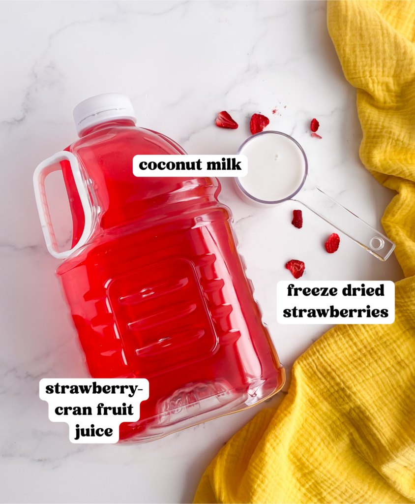 pink drink ingredients on a countertop
