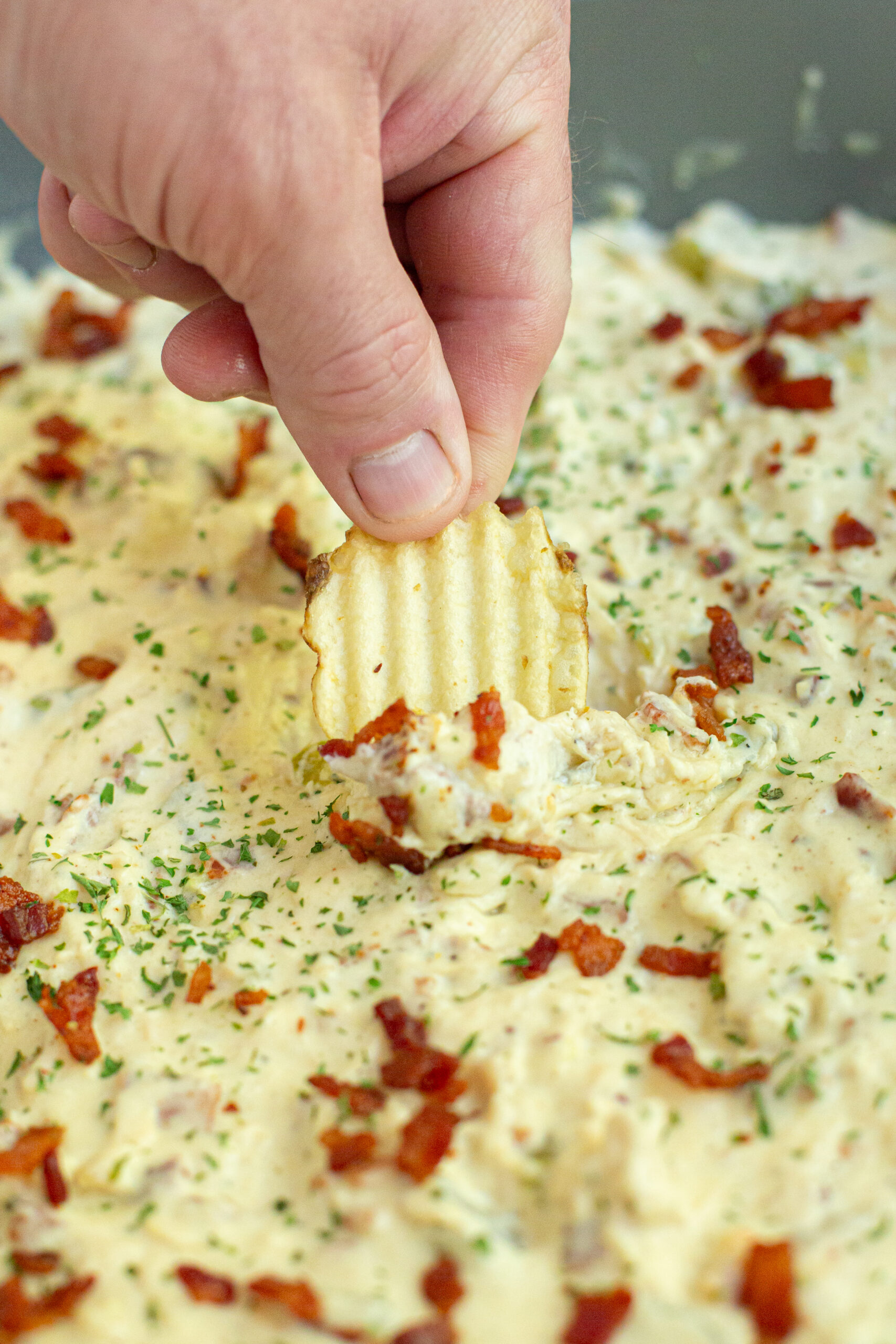 mans hand dipping chip in the chicken bacon ranch dip