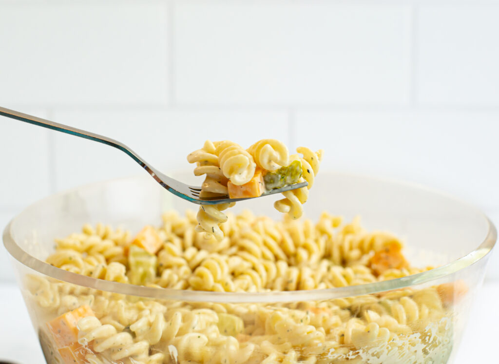 pasta salad on a fork