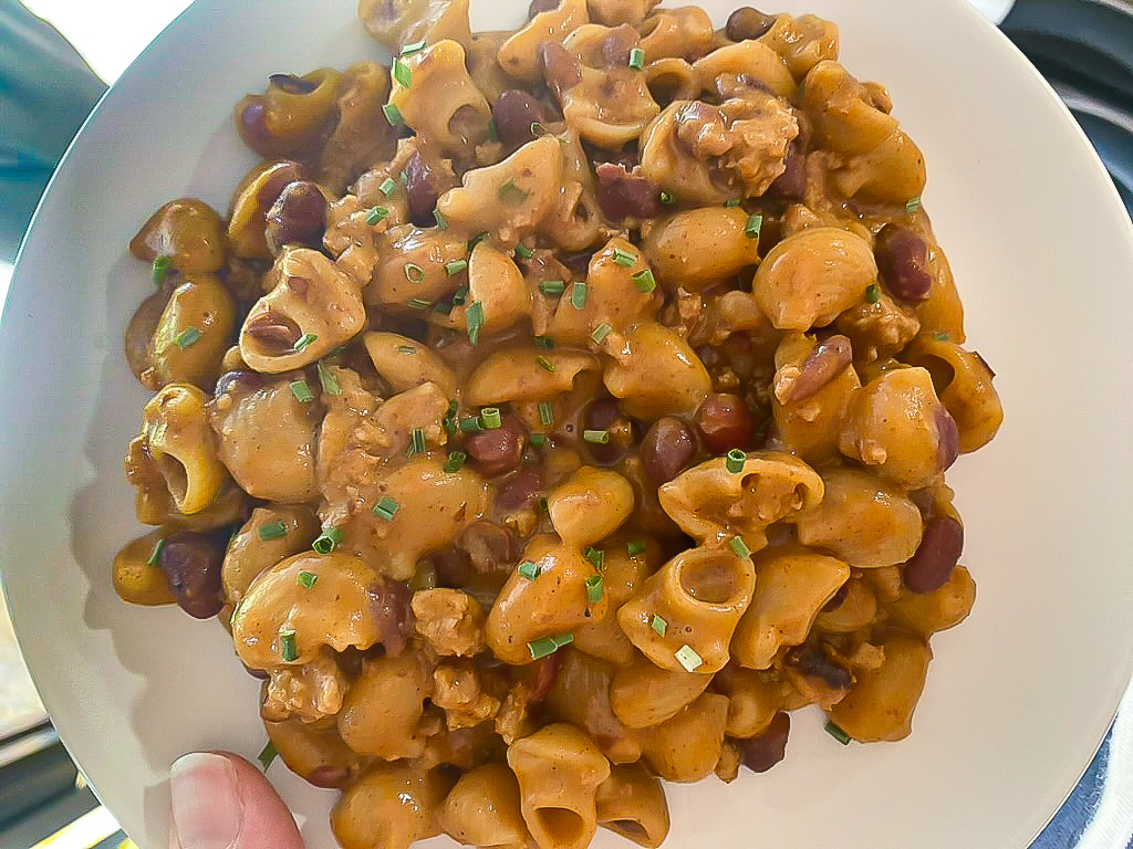 chili mac on a white plate