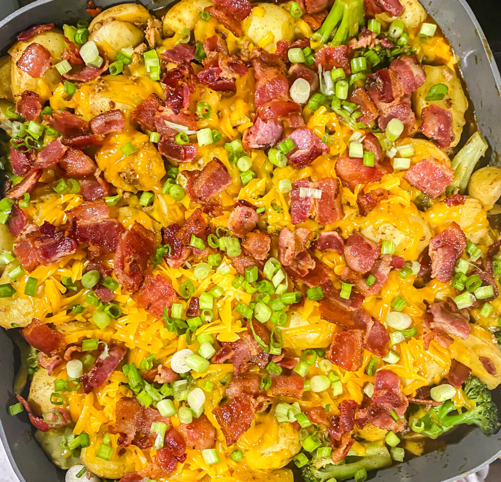 close up of loaded baked potato skillet