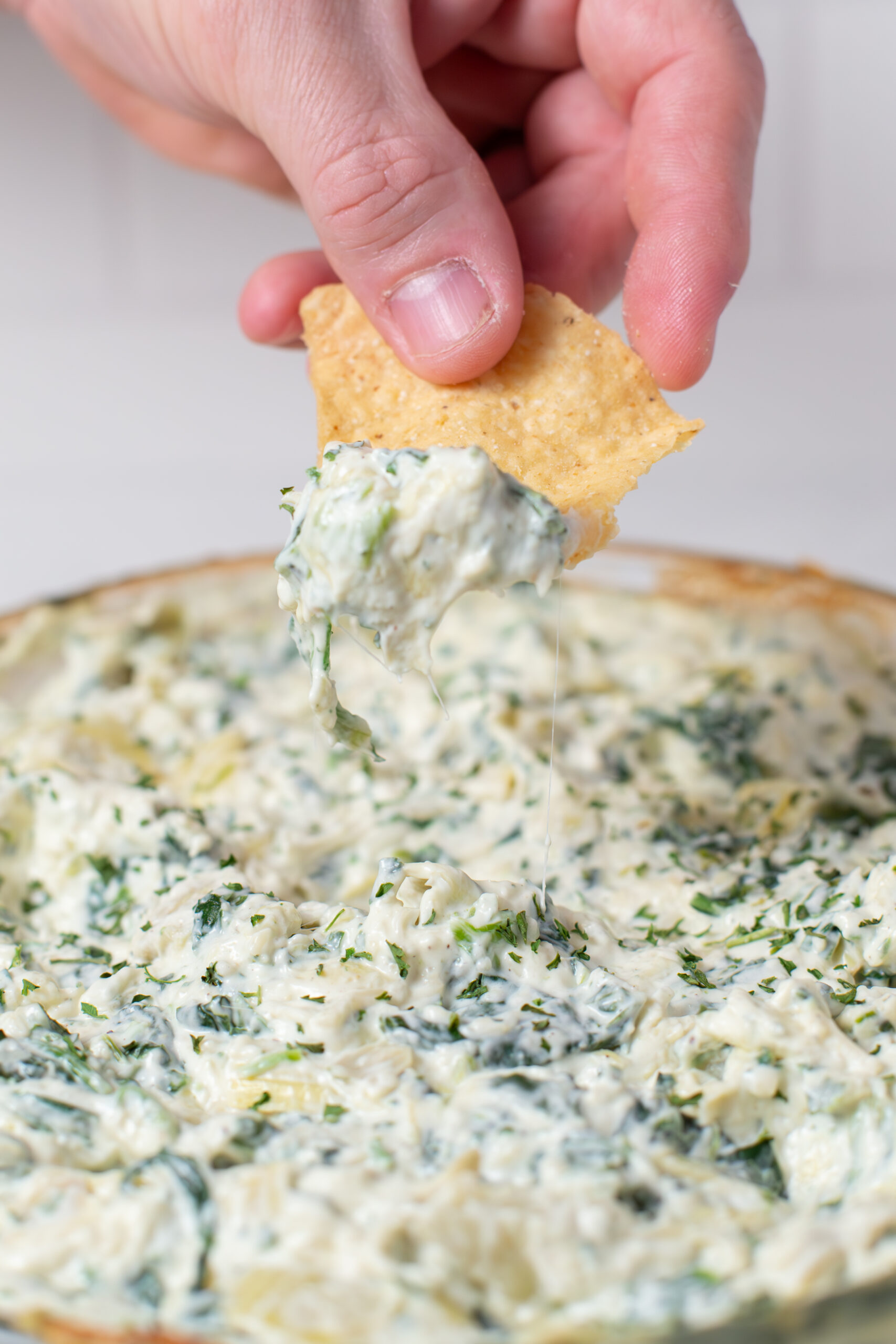 man holding tortilla chip over dip with dip on the chip