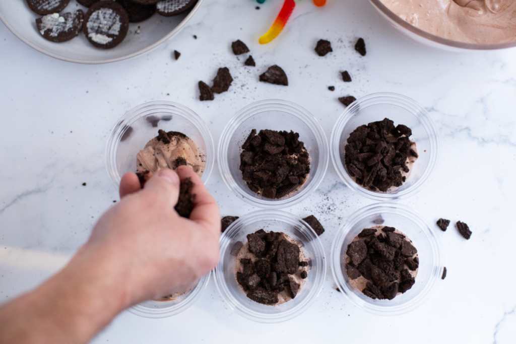 pudding the toppings in the dirt and worms pudding cups