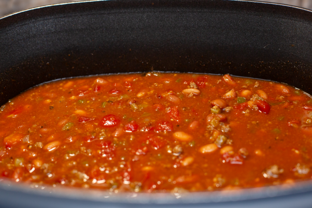 a close up of the chili in the slow cooker
