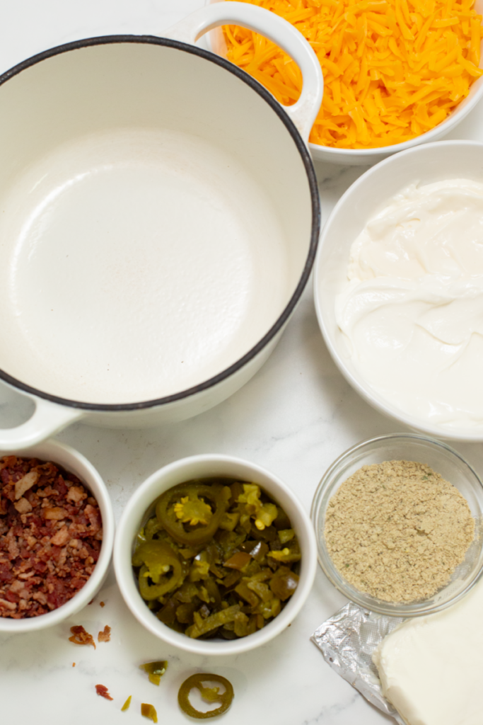 ingredients for creamy cheddar jalapeno bacon ranch dip